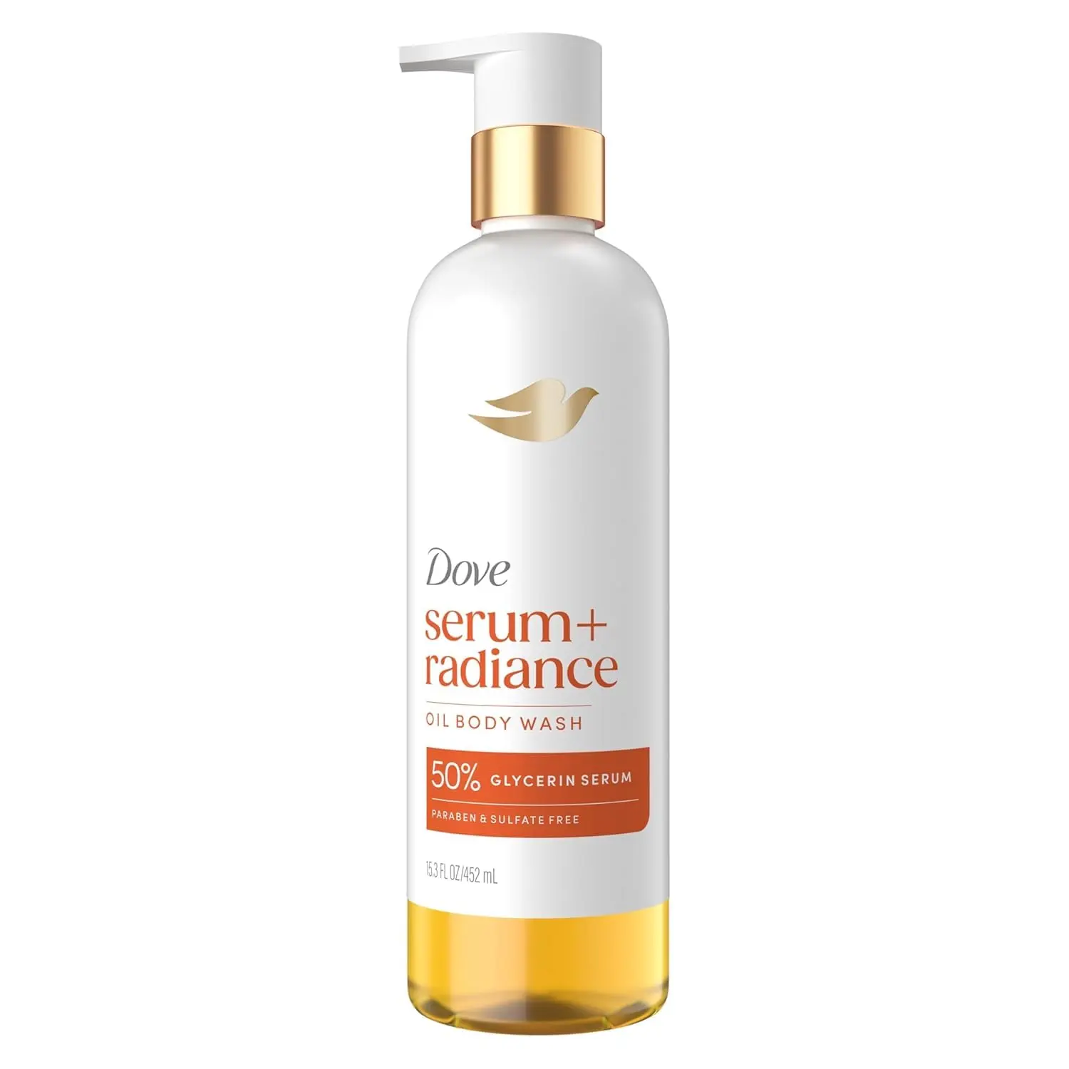 Dove Serum+ Shower Oil Body Wash Radiance, Jojoba & Monoi 15.3 fl oz | Hydrating shower oil body wash with glycerin serum for soft, radiant skin without greasy residue.