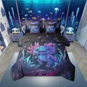 Feelyou Ultra Soft 7-Piece Axolotl Print Bedding Set, Blue Cartoon Ocean Animal Comforter & Sheet Set, Multi-Size Underwater Wildlife Bed-in-A-Bag, Seven Pieces
