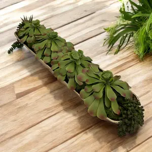 Succulent Design in Gold Long Elongated Metal Vase | Faux Succulent and Floral Arrangement | Arranged Succulents for Table Centerpiece and Gifts