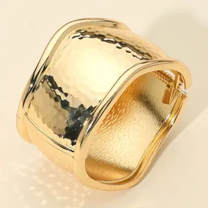 Wide Textured Metal Hinged Bangle Bracelet: Gold