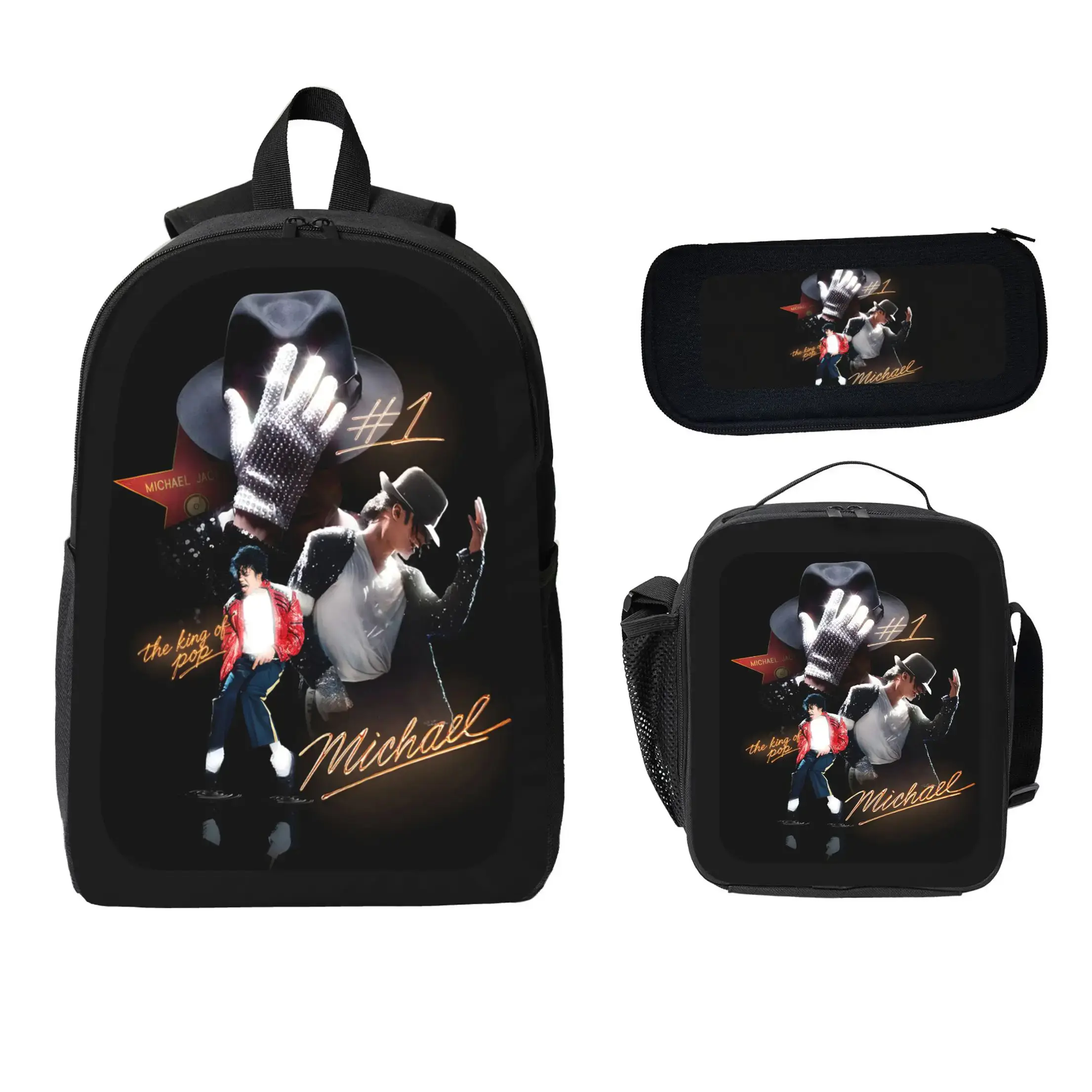 Michael Jackson Backpack Set 3Pcs Kids School Bag Lunch Bag Pencil Case Pop Music Theme Bookbag Lightweight Travel Backpack Back To School Gift For Boys Girls Students