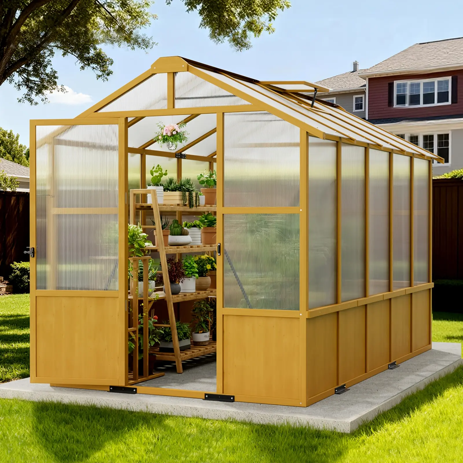 6X10 FT Wooden Greenhouse Featuring 6Mm Polycarbonate Panels, a Sturdy Walk-In Outdoor Greenhouse Set, Reinforced Mongolian Scotch Pine Structure, Roof Ventilation, And a Lockable Entrance, Ideal for Backyard Patio Gardening