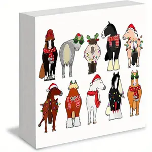Christmas Halloween Decoration，Horse Christmas Wood Box Signs, Horse Christmas Decorations, Horse Gifts for Girls Women, Gifts for Horse Lovers, Christmas Wooden Signs for Home Office Desk Shelf Table Decor, 5x5 Inch