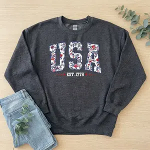 Floral USA Sweatshirt, American Girl Sweatshirt, USA Est 1776 Sweatshirt, Girly 4th of July Sweatshirt, Patriotic Women Shirt, Flower USA Sweatshirt