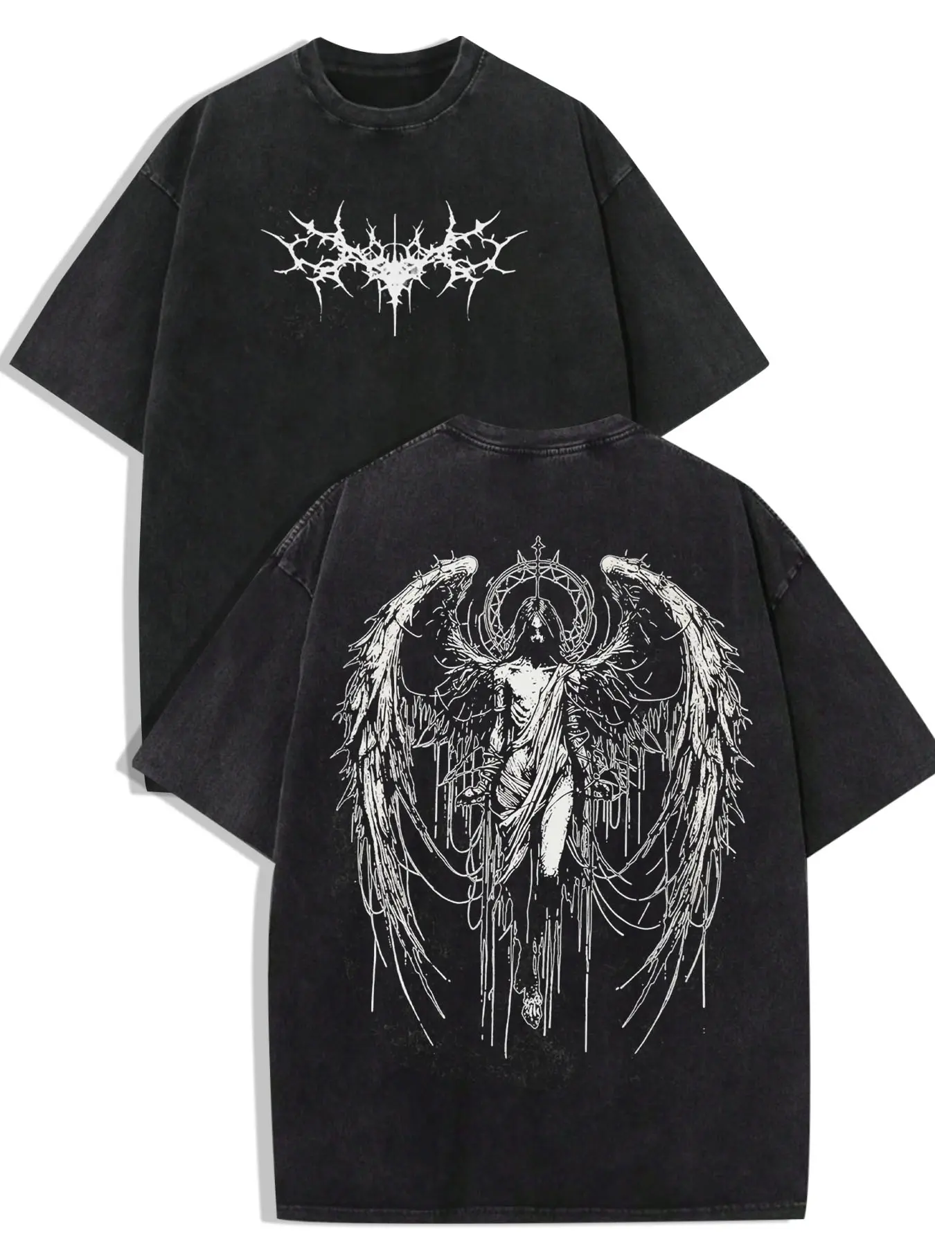 1 PCS Black Washed Oversized 100% Cotton T-Shirt, Front Thorn Gothic Symbol Back Dark Thorn Winged Angel Double Sided Vintage Graphic Print, Dark Grunge Gothic Streetwear Tee, Soft Breathable Unisex Top For Alt Fashion Fans Casual Outfit