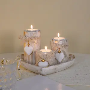 6 piece set Vintage Style Home Candle Holder Set, Heart-Shaped Wooden Coasters, Tea Light Candles Stand, Wood Base Decorative Accessories