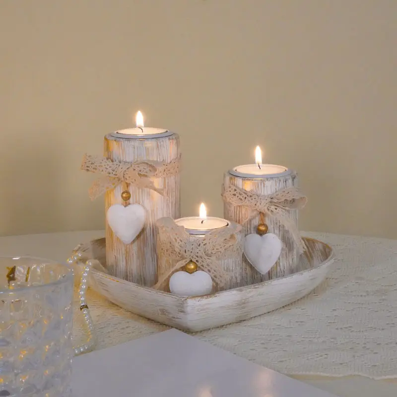 6 piece set Vintage Style Home Candle Holder Set, Heart-Shaped Wooden Coasters, Tea Light Candles Stand, Wood Base Decorative Accessories, Home Decoration, Ornaments, Room Decor, Home Goods, Interior Decoration Accessories, Decoration Items