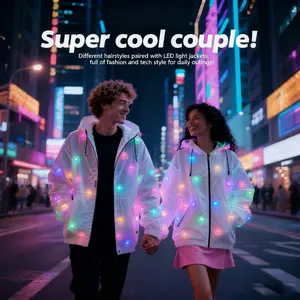 Super Cool Couple Washable LED Glitter Jacket for Adults Unisex Fantasy Cosplay Reflector Vest with Colored Lighting for Novelty Party Supplies Holiday Dance Wear