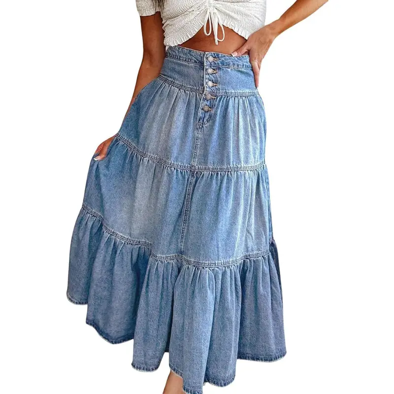 Chouyatou Women's Cute Sexy Thick Chic High-Waisted A-Line Cowboy Denim Skirt, Bohemian Style with Flowing Ruffle, Button Closure, and Tiered Design, Elegant, Women Fashion, Skirts For Women