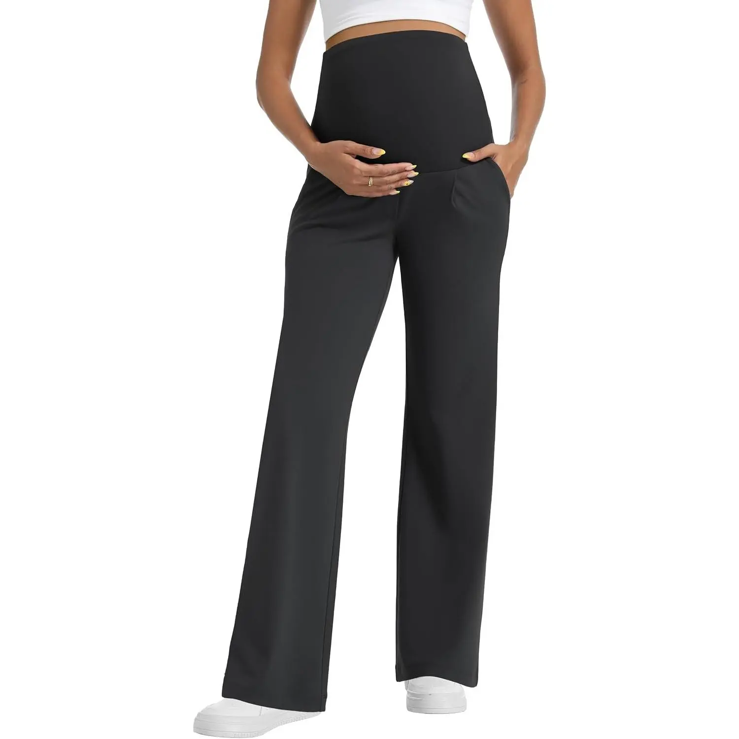 Maternity Pants for Work Wide Leg Stretchy Dress Pants | High Waist Maternity Dress Slacks, Business Casual, Pregnancy Trousers with Pockets