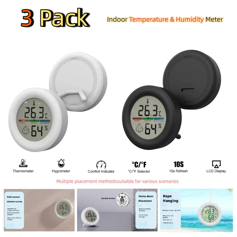 3-Pack Indoor Temperature and Humidity Sensors - High-Precision Round Comfort Display Thermometers with Lanyard, Stand, Adhesive Pads, Magnets for Multiple Mounting (Tools & Hardware)
