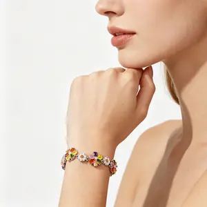 Full Diamond Colorful Floral Zirconia Bracelet |     Multicolor Gem Micro-Setting, Light Luxury Flower-shaped Hand Jewelry, Fashion Women's Bracelet