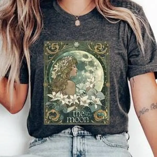 The Moon Tarot Card T-Shirt, Art Deco Aesthetic Graphic Tee, Lunar Goddess Shirt, Moon flowers, Unique Edgy Gift, Alphonse Mucha Art Nouveau
