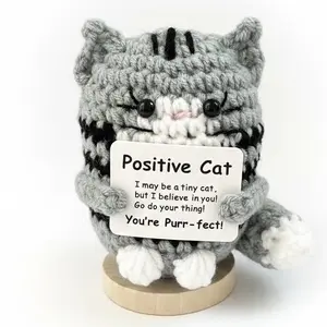 Handmade Crochet Cat Gift Set Wood Base Card Mesh Bag  Cute Emotional Support Cat Decor for Cat Lovers, Mom, Friends  Birthday, Graduation & Christmas Gift Funny Knitted Office Desk Party Ornament Gift