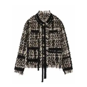 Women’s plaid print tassel-design jacket, elegant yet casual open-front outerwear for spring and autumn, women’s everyday wear, outerwear, casual bohemian outerwear