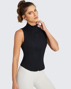 Women's Sleeveless Crop Shirt - Zip Up Workout Running Vest Tank Tops Athletic Gym Yoga Camis Jackets