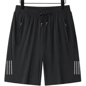 Men’s summer shorts — high stretch ice silk, quick-dry athletic design; trendy zippered pockets; loose straight cut; elastic waistband with drawstring; knee-length casual shorts for fitness, cycling, commuting; basic men’s shorts.