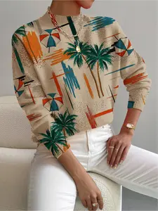 1 piece + Spring, Autumn, Winter styles. Small stand-up collar, Long sleeve, color-blocked, multi-color beach-style printed women's knitted printed sweater. Holiday, casual and elegant for workwear, elegant women's versatile sweater.