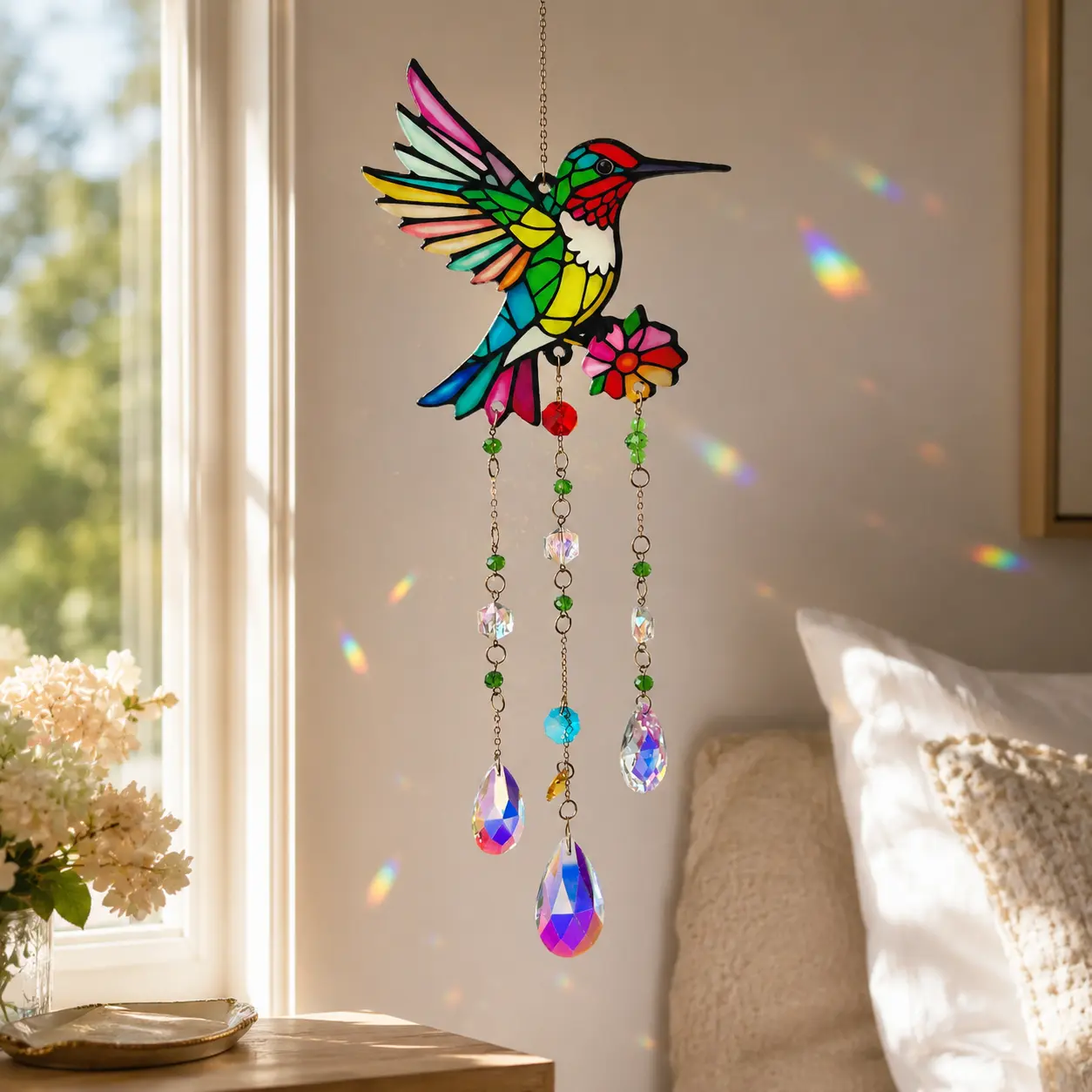 Hummingbird Suncatcher Ornament for Windows, Colorful Hummingbird Themed Glass Ornament, Beaded Sun Catcher with Hanging Prisms, Handmade Sun Catcher, Unique Home Decor for Bedroom Living Room, Bird Lover Gift for Women, 4Th Of July