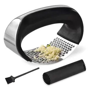 Stainless Steel Garlic Press Rocker Set - 3-piece Suit, Includes Silicone Peeler and Cleaning Brush, Ergonomic Design, Easy to Use – Easily Crushes Garlic Cloves and Removes Garlic Peel