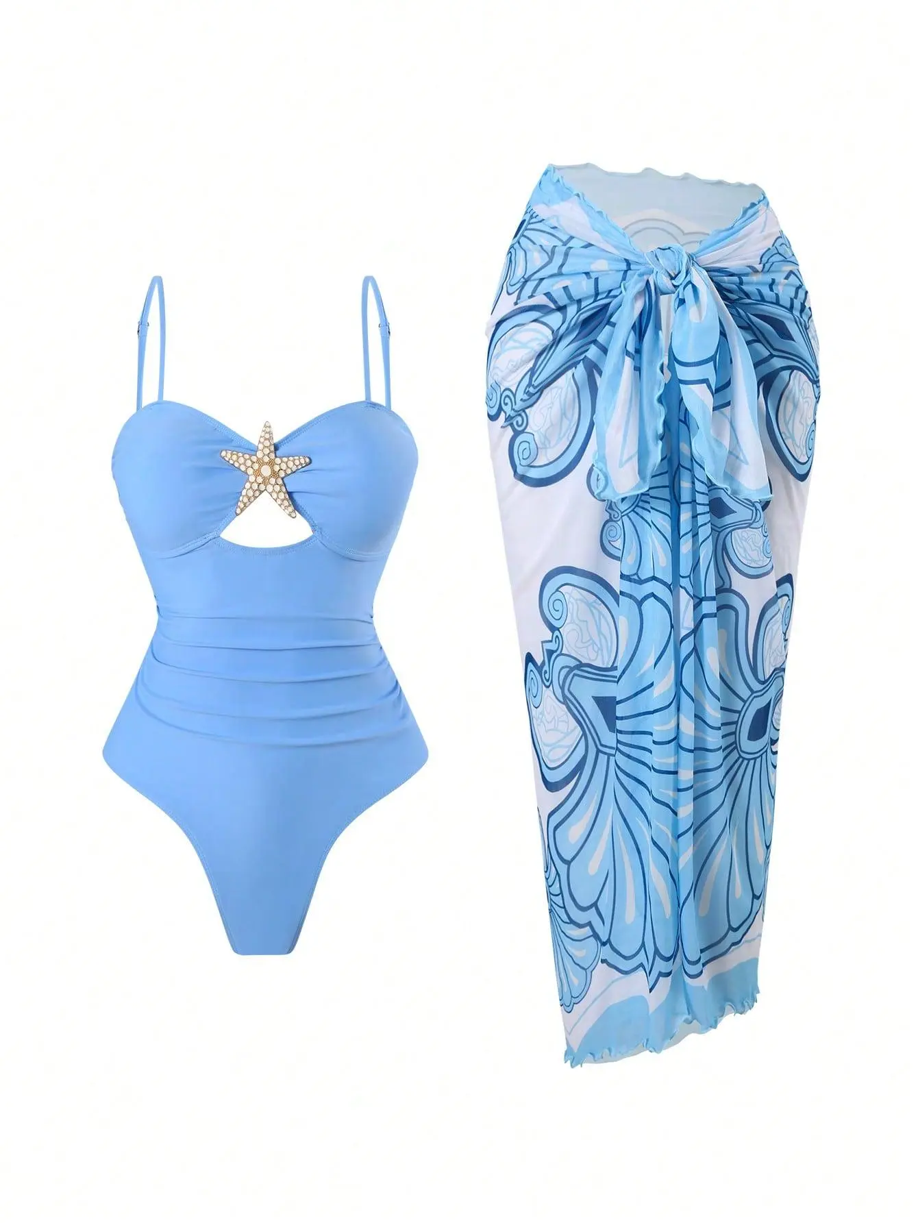 Women's 2-Piece Light Blue Starfish Rhinestone Cutout Ruched Swimsuit Set with Blue Floral Print Tie-Knot Sarong Cover-Up for Summer Beach Resort