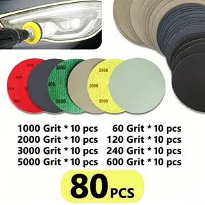 80pcs 3-Inch Sandpaper Set, Mixed Grits 60/120/240/600/1000/2000/3000/5000, Car Headlight Polishing, Hard Alloy Dry Wet Use, Abrasive Sheet