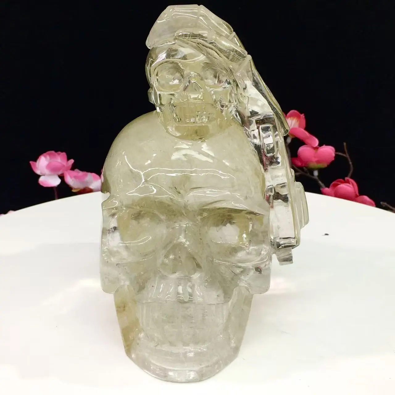 Large Hand-Carved Skull Shape Rutilated Quartz Statue - Elegant Natural Crystal Decorations, Gothic Room Decor Collectibles, Energy Healing Home Ornament