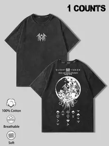 1 Unisex Vintage Washed Black Oversized Tee, Streetwear, Sleep Token "Take Me Back To Eden" Moon Graphic Print, Double-Sided Design, 100% Soft Cotton, Ideal for Metal Fans & Street Style