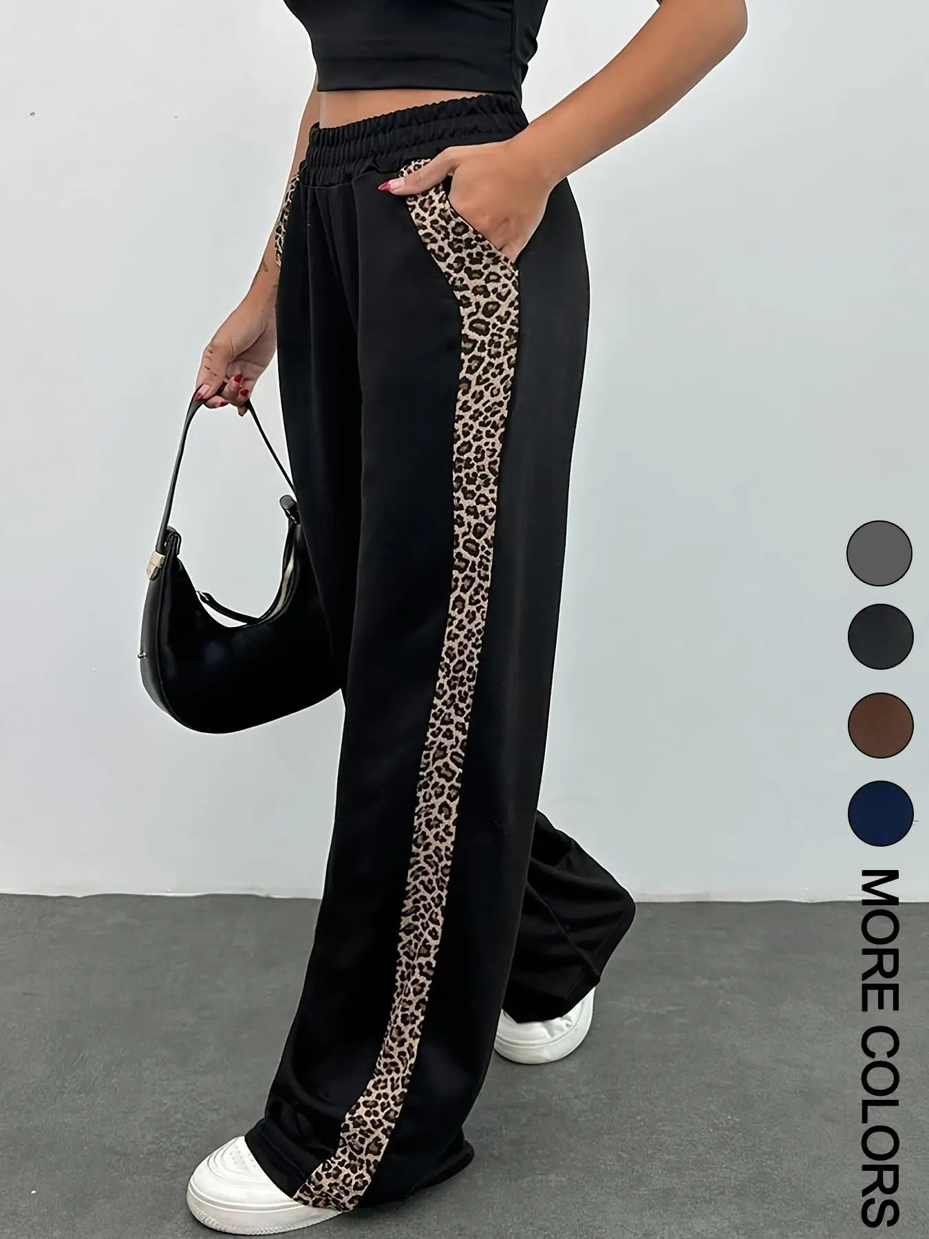 Women's Casual Leopard Print Side Stripe Colorblock Straight Leg Pants with Pockets, Casual Trousers, Knit All Season Fashion Womenswear Bottoms for Daily Wear Fitted Everyday Casual Fashion Comfy