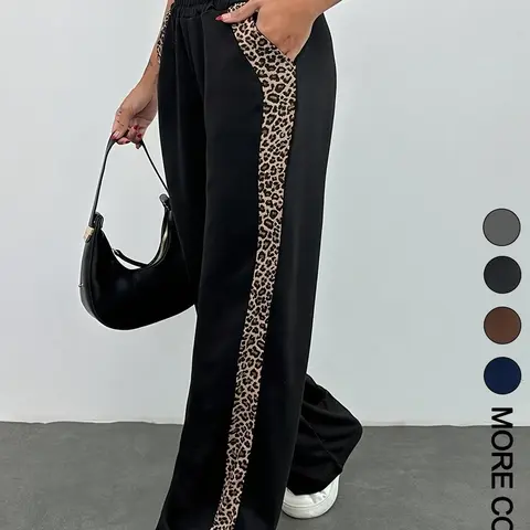 Women's Casual Leopard Print Straight-Leg Pants with Pockets, Soft All-Season Fabric Bottoms, Casual Fitted High Waist Trousers for Daily Wear