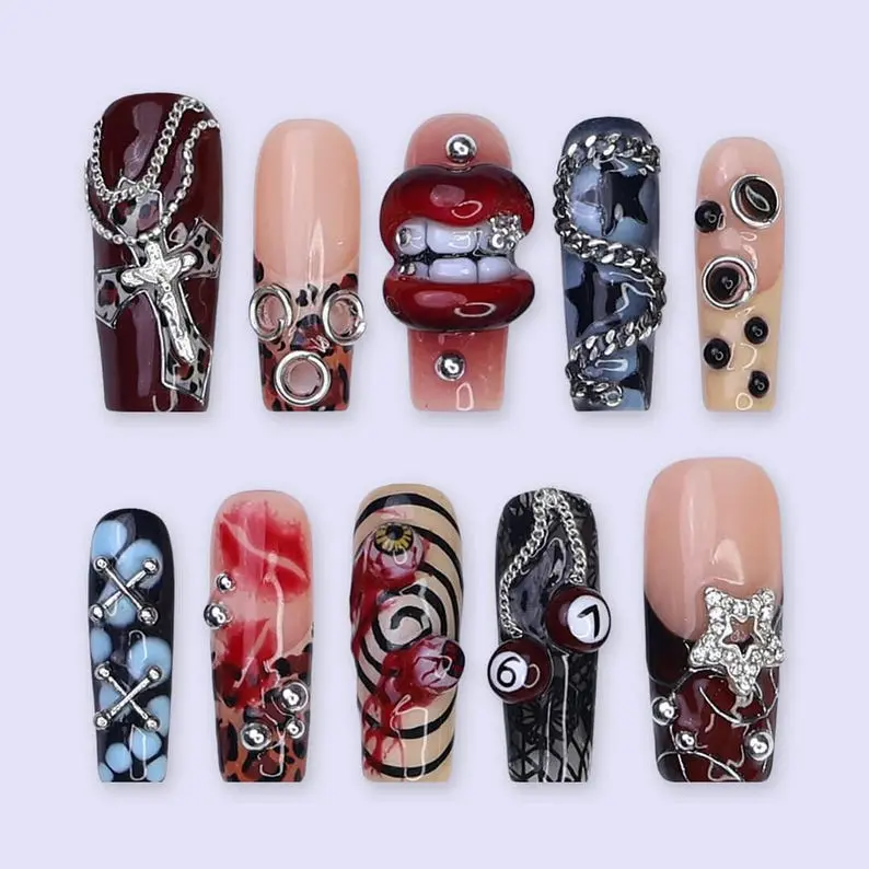 Halloween Gothic Press On Nails | Lips, Chains & Cross | Eyeball Long Square Nail Set