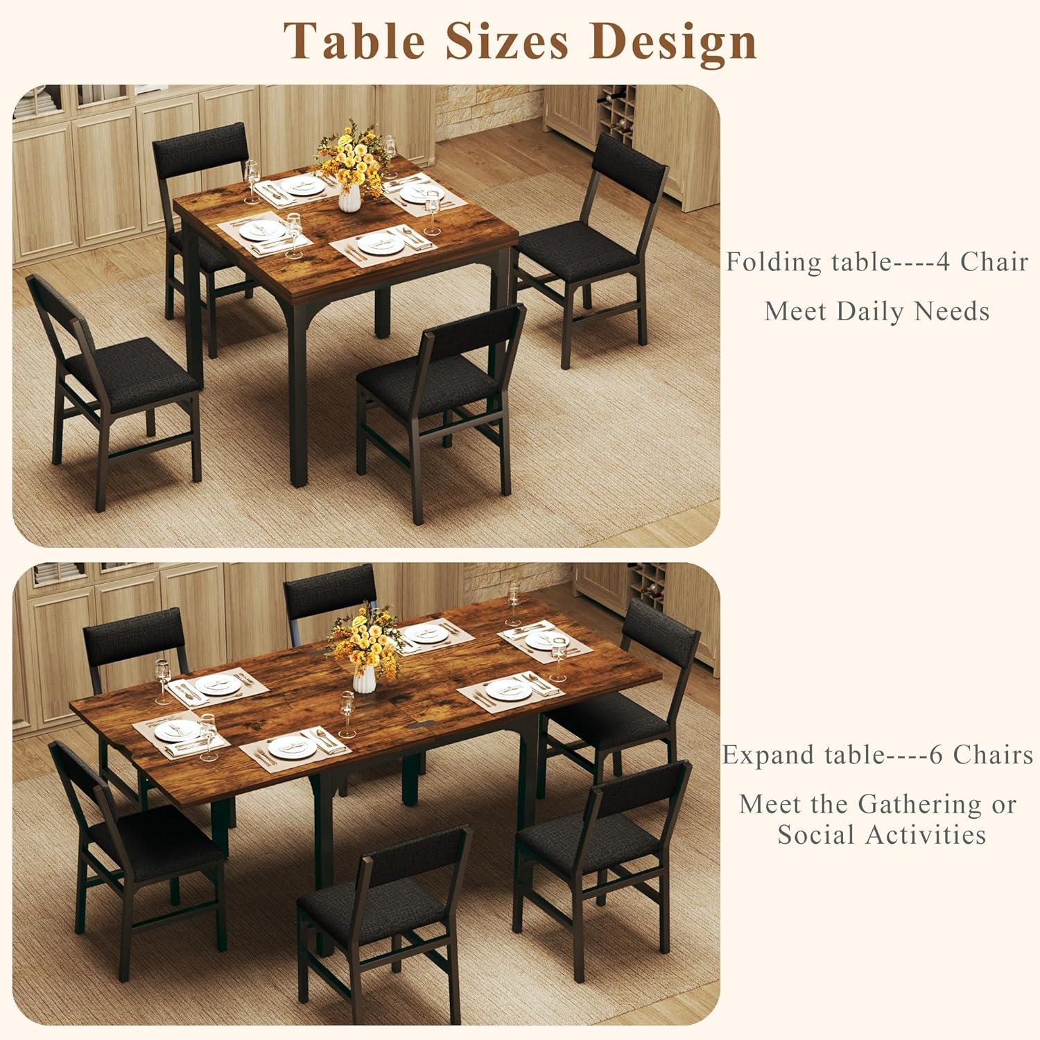 7-Piece Dining Table Set for 4-6, Extendable Kitchen Table Cushion Chairs Set of 6 with 6 Chairs, Rectangle Dining Table with Metal Frame & MDF Board, Folding for Small Apartment Saving Space, Rustic 7-Piece Dining Table Set for 4-6, Extendable Kitchen Table Cushion Chairs Set of 6 with 6 Chairs, Rectangle Dining Table with Metal Frame & MDF Board, Folding for Small Apartment Saving Space, Rustic