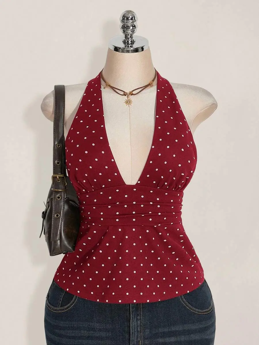 Women's Plus Size Halter Deep V-Neck Ruched Backless Camisole Babydoll Top for Bachelorette Party