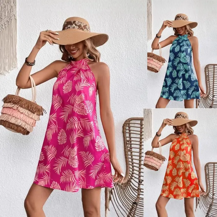 Women's Halter Tank Top with Built-in Padded Bra - Flowy, Loose Fit, Boho Bohemian Sleeveless, Floral Summer Camisole, S-3XL Womenswear, Plant Print, Boho Women's Tanks & Camis
