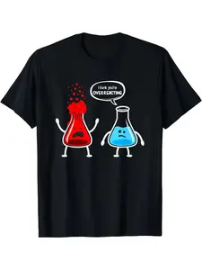 Men's Fun Chemistry Geek Science T-Shirt-Black Short Sleeve with Beaker and Molecular Illustration, "Black Hole Overreaction" and "Chemical Bob" Print-Casual Crewneck T-Shirt for Chemists, Students, Lab Enthusiasts, Funny T-Shirt, Funny