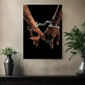 2D canvas art painting of a romantic African-American couple - vintage wooden frame poster, with handcuffs and rings, striking contrast wall decoration, perfect Valentine's Day gift for modern homes, bathrooms, and minimalist art