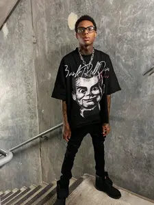 Men's Casual Streetwear Loose Batwing Sleeve Knit T-Shirt, Round Neck Short Top, Puppet Toy Print, Summer Wear, Multiple Colors Available