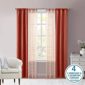 4-Piece Curtain Set, Coral, 2 Embossed Blackout & 2 Geometric Sheer Panels, 27.5 x 84 Inches, Machine Washable