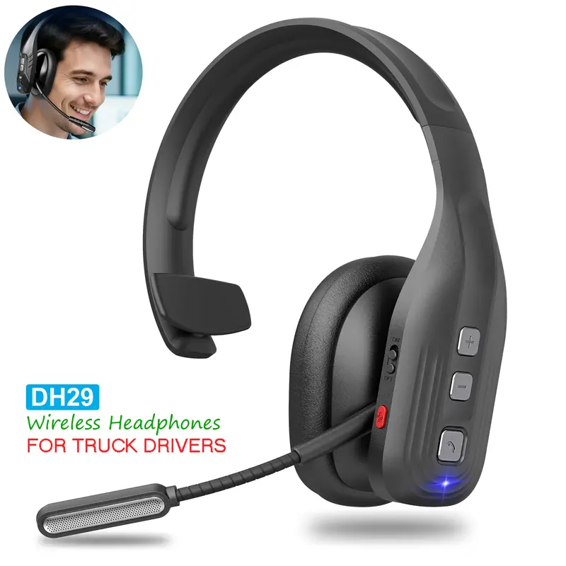 DH29 Wireless Trucker Bluetooth Headphones (Earbuds Bluetooth) - Fold-and-Go Plastic Headset with HiFi Sound, NC Mic Clarity, Oval Earbuds, Volume Control at Hand, Cable Management, Comfortable Fit for Cellphones, Work from Home