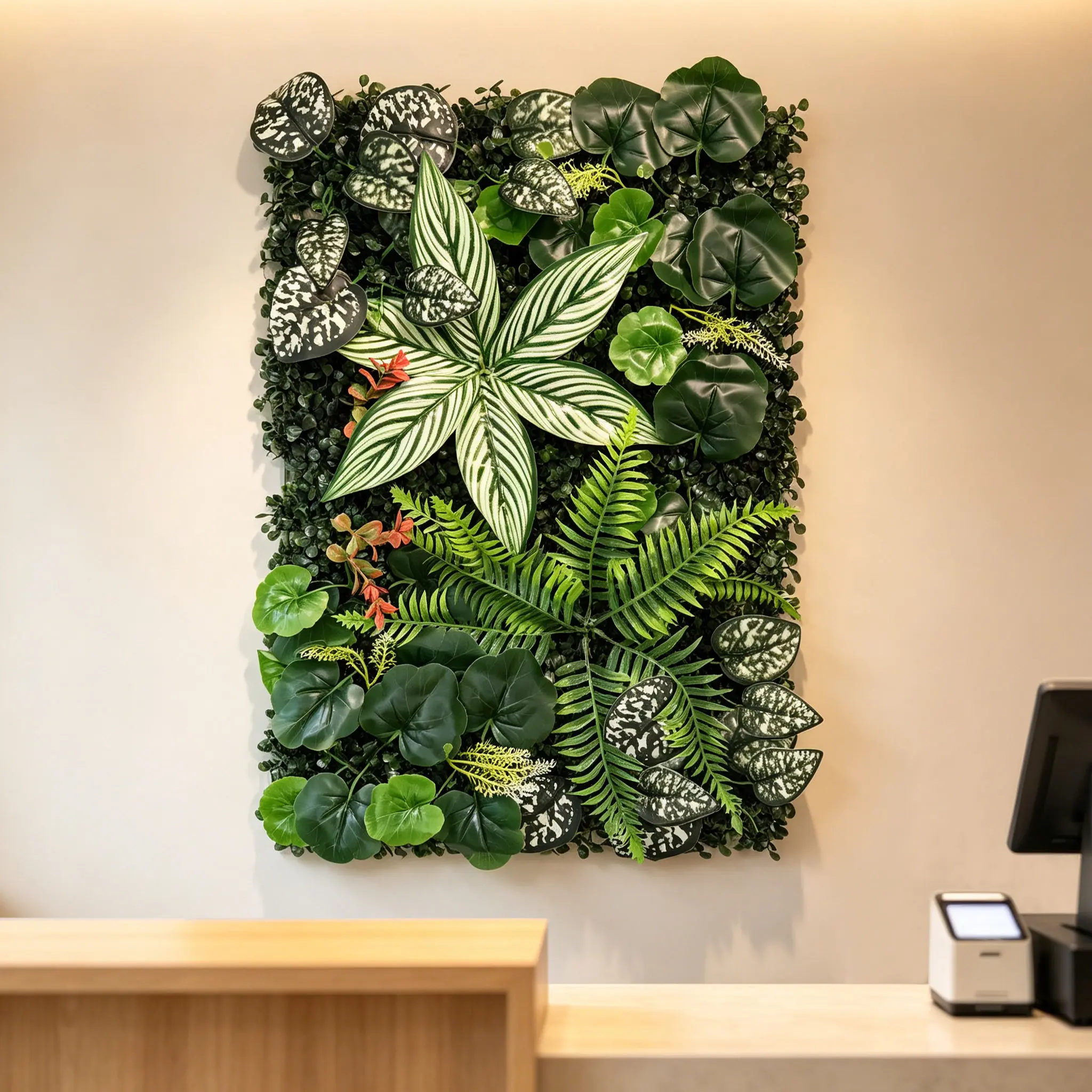 Artificial Greenery Wall Panel, 0.75 lb, 23.6 x 15.7 Inch PE Faux Plant Wall Decor with Mixed Tropical Leaves, Modular Decorative Green Wall Panel for Home, Office, Garden, Balcony and Event Backdrops