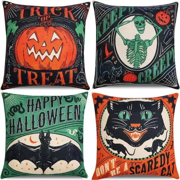 Vintage Halloween Polyester Linen Throw Pillow Covers (18x18 in, Set of 4) with Hidden Zipper, Retro Theme, Scary Motifs (Scaredy Cats, Pumpkins, Skull, Bats) for Couch, Home Décor (Burnt Orange, Green, Black)