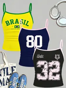 3-Pack Girls' Sporty Floral Print Camisoles, Brazilian Style, Size 80 and Size 32 Digital Printed Thin Strap Camisoles, in Yellow, Navy Blue, and Black, Suitable for Girls and Teenagers