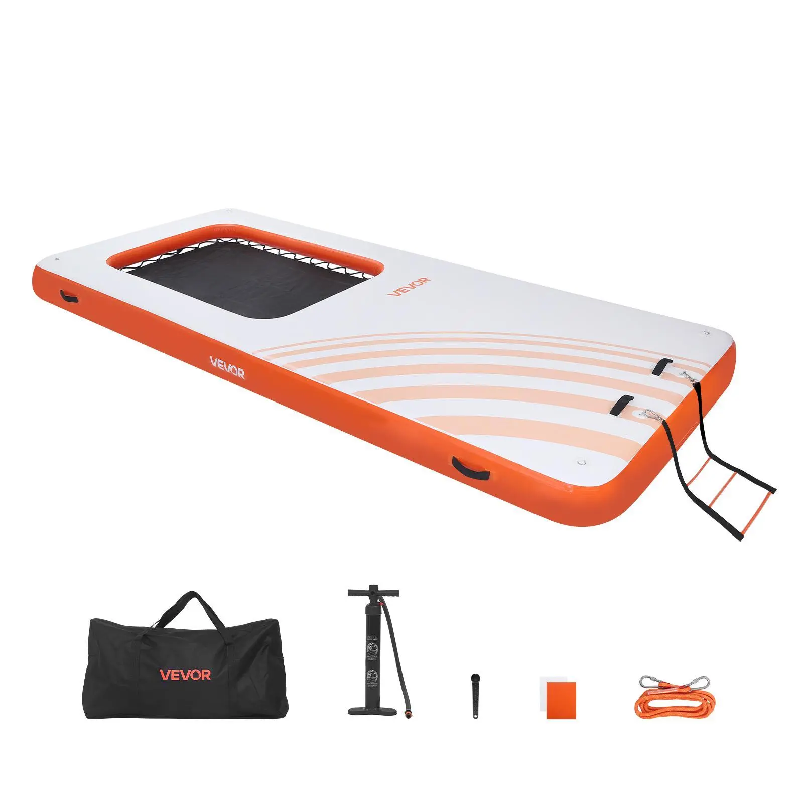 VEVOR Inflatable Floating Dock Platform 15x6.5x0.5 ft PVC 2700 g/㎡ Thick 6in, Mesh Pool 6x4 ft, Non-Slip Surface, Fits 8-10 People, Detachable 4-Step Ladder, Carry Bag, Rope & D-Rings