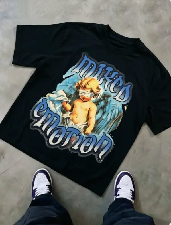 Blue Tone Cherub Mixed Emotion Letter Print Graphic Top City Stroll Record Store Visit Soft Cotton Unisex T‑Shirt Trendy Heat Transfer Print Short Sleeve
