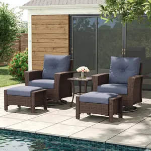 LayinSun 5-Piece Outdoor Wicker 360 Degree Swivel Rocking Chairs with Rattan Coffee Table and Ottoman, Patio Furniture Set with Comfortable Cushions
