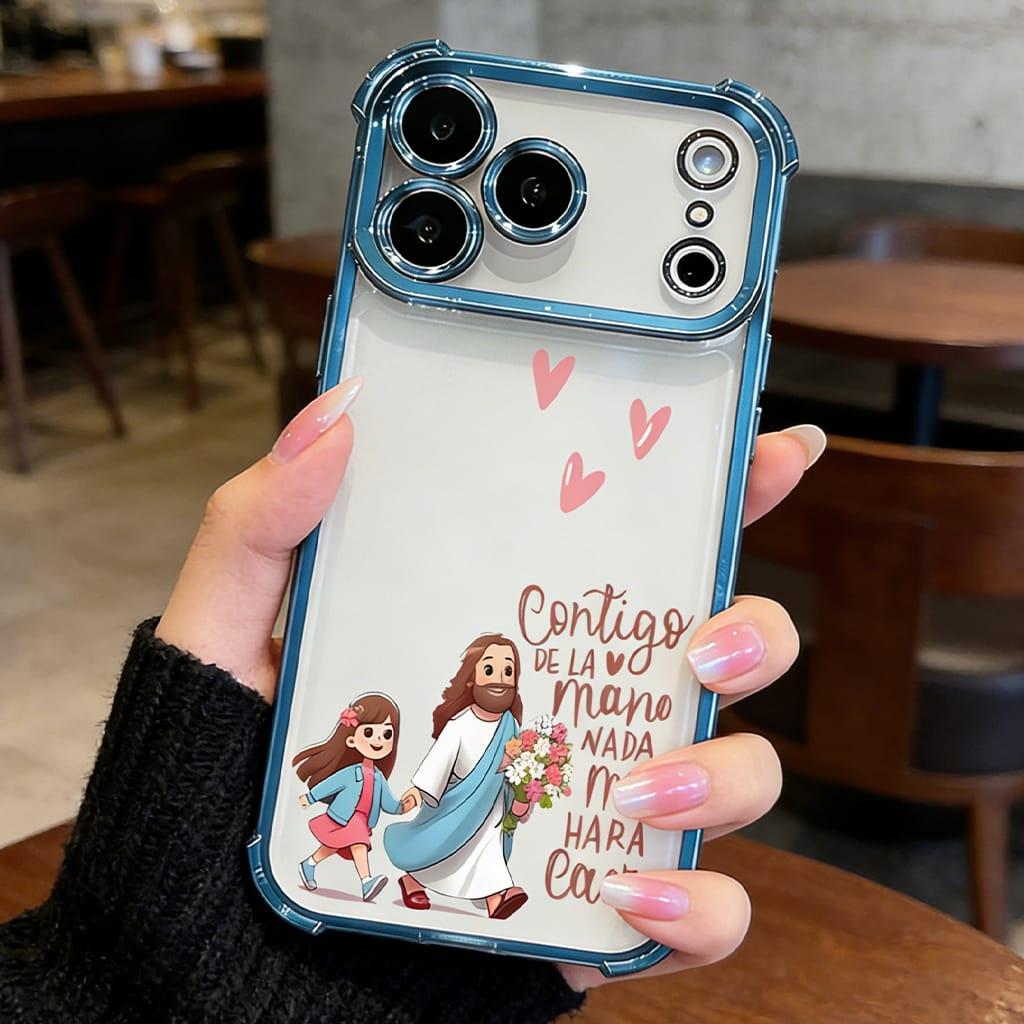 Contigo De La Mano Nada Me Hará Caer Jesus & Girl Phone Case for iPhone 11 12 13 14 15 16 17 Pro Max Plus Air, Christian Faith Rose Gold Clear Shockproof Cover, Religious Gift for Women Girls DDSJ260404012