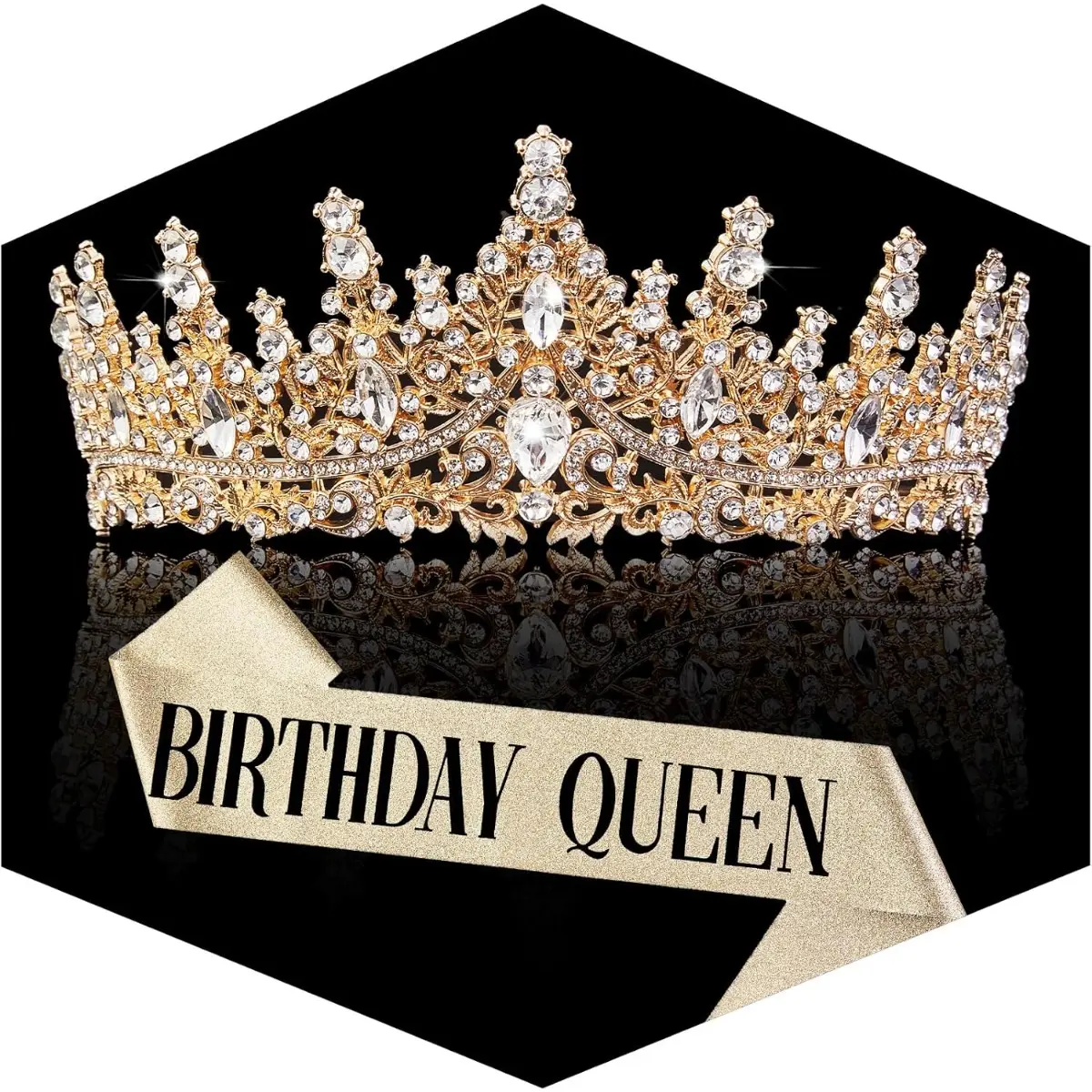 Gold Birthday Crown and Sash Set for Women, Glitter "Birthday Queen" Sash & Rhinestone Alloy Tiara for Party Celebrations, Celebration, Women's Fashion