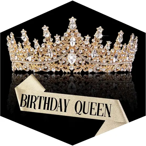 Women's 2-Piece Luxe Gold Rhinestone Hard Alloy Crown & Glitter 'Queen'-Print Sash Set, Carbide Fashion Hair Headpiece Accessory for Celebration, Perfect Gift for Family Member