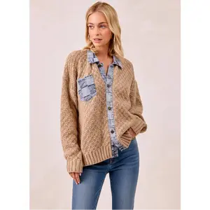 Checker Denim Trim Button Up Knit Sweater Cardigan