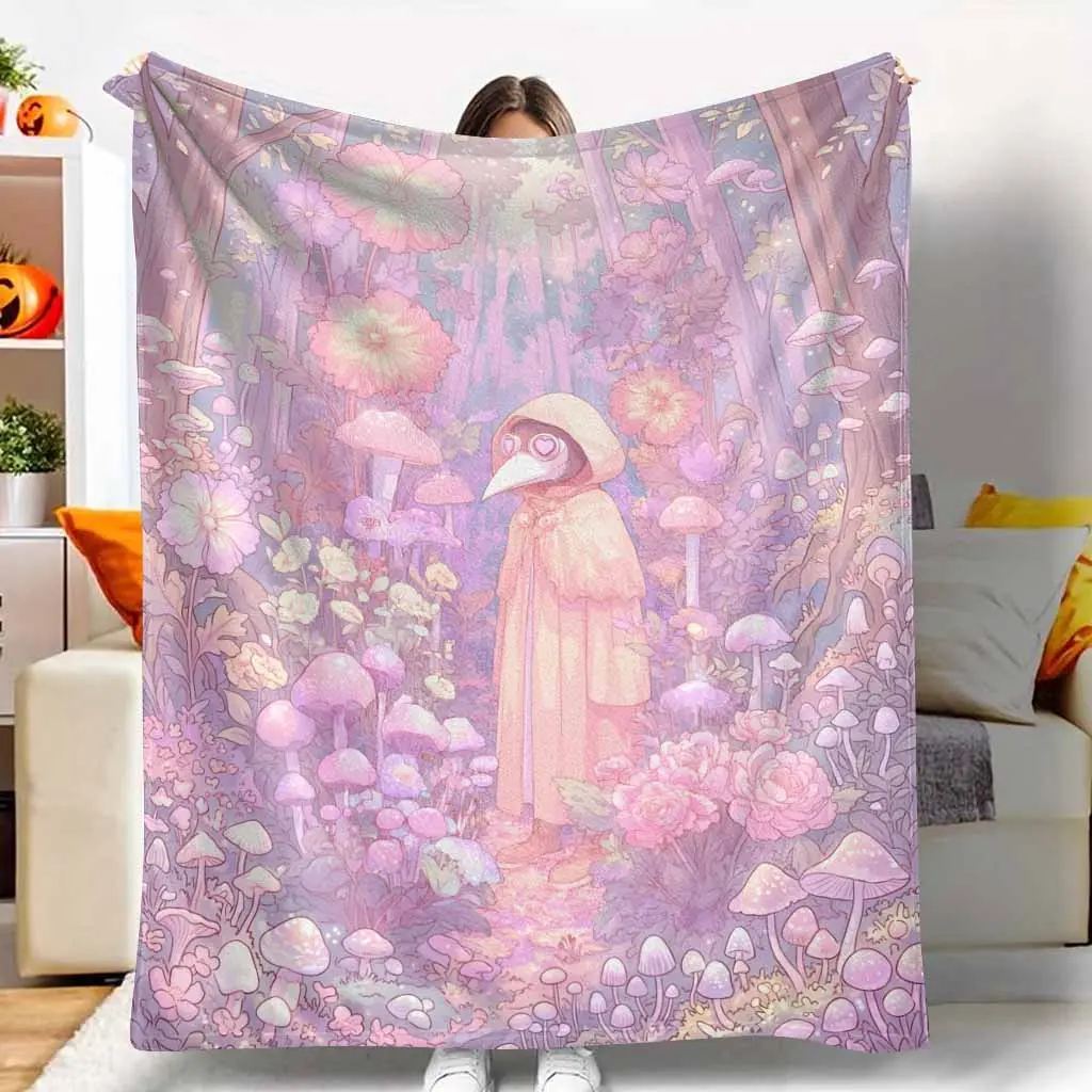 Fantasy Forest Flannel Throw Blanket - Dreamy Pastel Mushroom Flower Print, Wrinkle Resistant, All Seasons, Soft Cozy Lightweight Warm Plush, for Bedroom, Living Room, Home Decor Holiday Gift